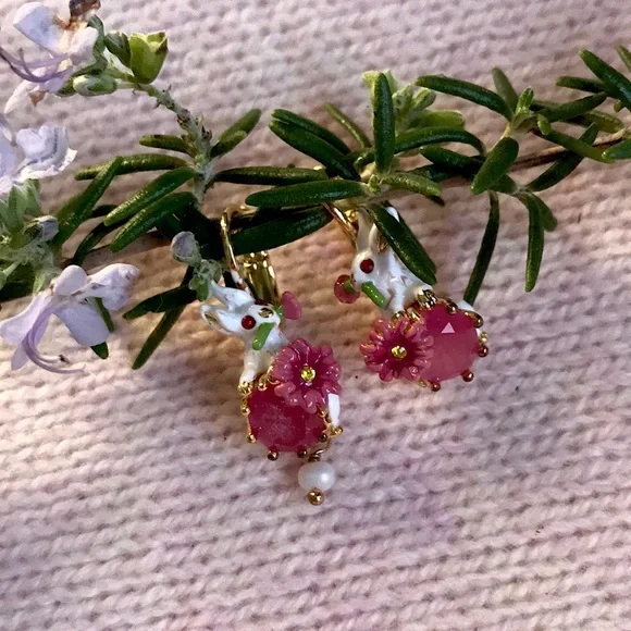 Les Nereides fantasy garden rabbit earrings NWT